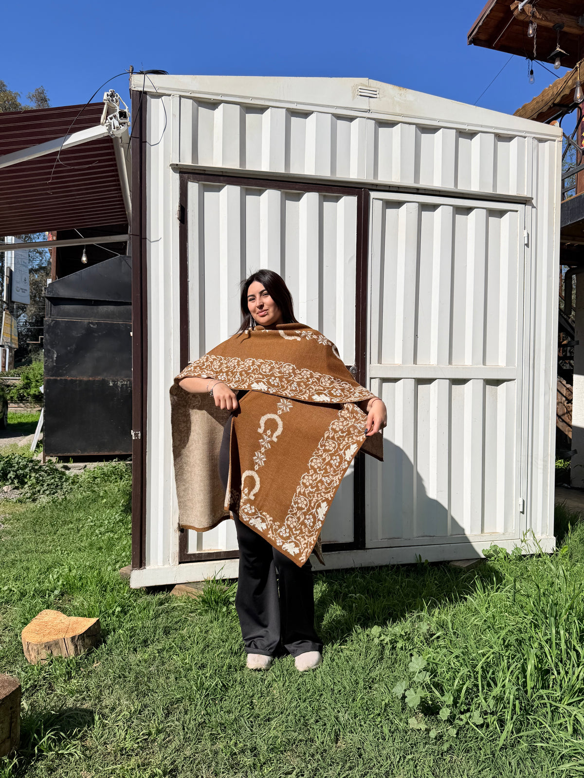 Ruana Vicuña Diseño Herraduras Beige con Crudo