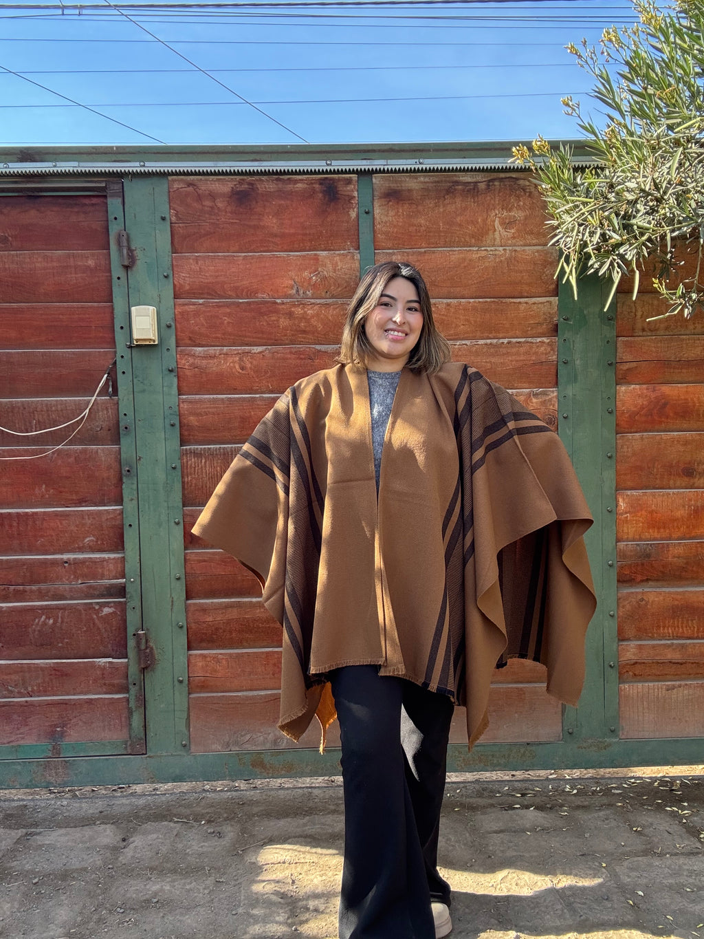 Ruana Hombre Vicuña con Franjas Tejida a Telar