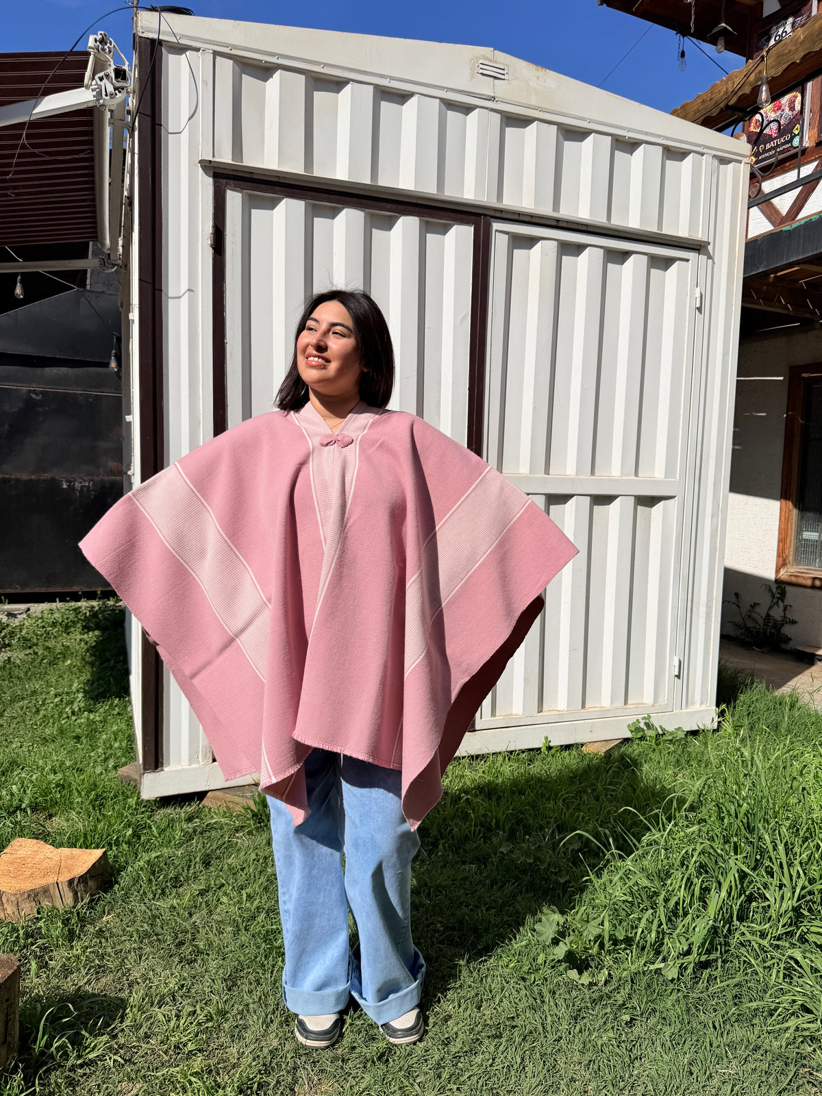 Poncho Rosado 1.60mt Diseño Mapuche Crudo