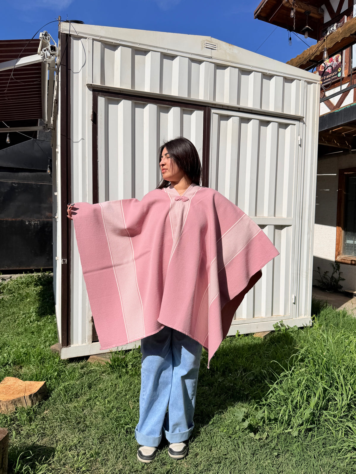 Poncho Rosado 1.60mt Diseño Mapuche Crudo