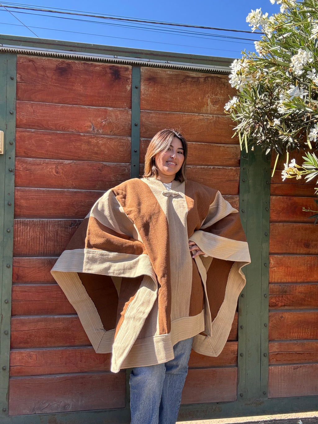 Poncho de Huaso Enguinchado Vicuña con Franjas Beige
