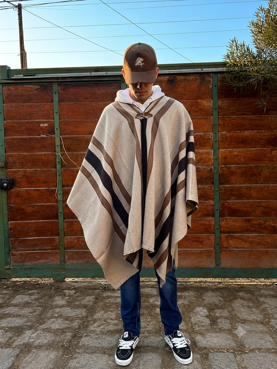 Poncho Taupe Liviano Tejido a Telar Con Franjas