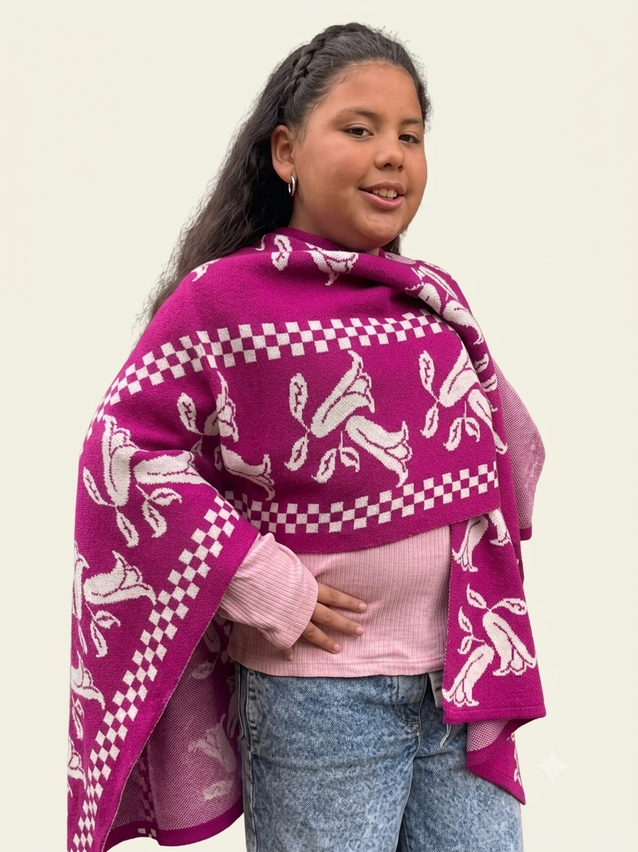 Ruana Kids Talla 10 Fucsia Diseño Copihues