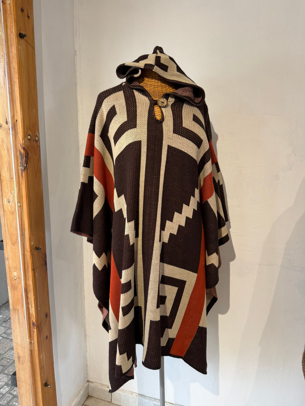 Poncho Vestir Étnico Café con Capucha
