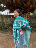 Ruana Kids Talla 10 Turquesa Diseño Copihues