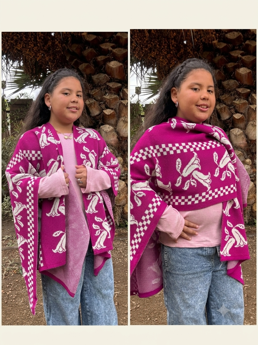 Ruana Kids Talla 10 Fucsia Diseño Copihues