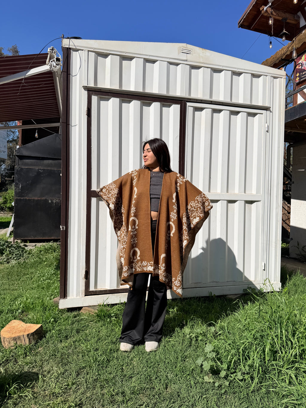 Ruana Vicuña Diseño Herraduras Beige con Crudo