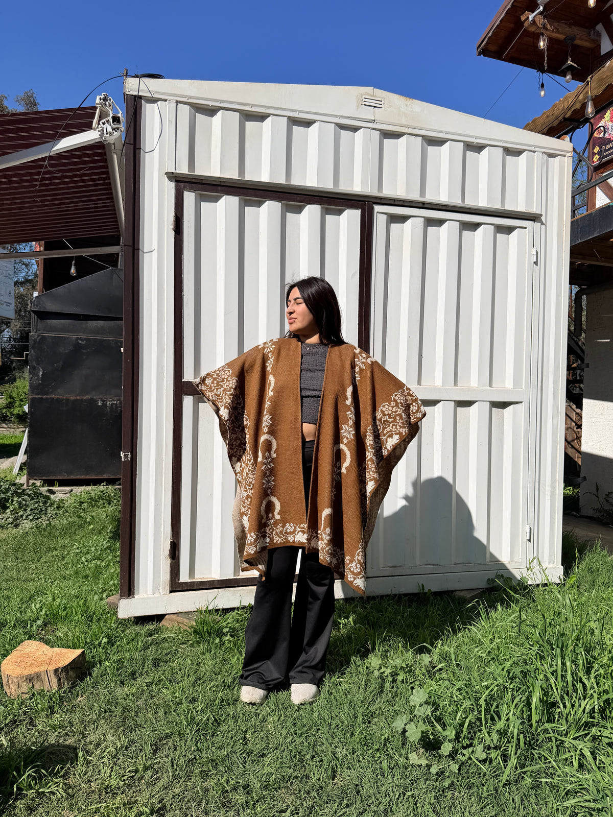 Ruana Vicuña Diseño Herraduras Beige con Crudo