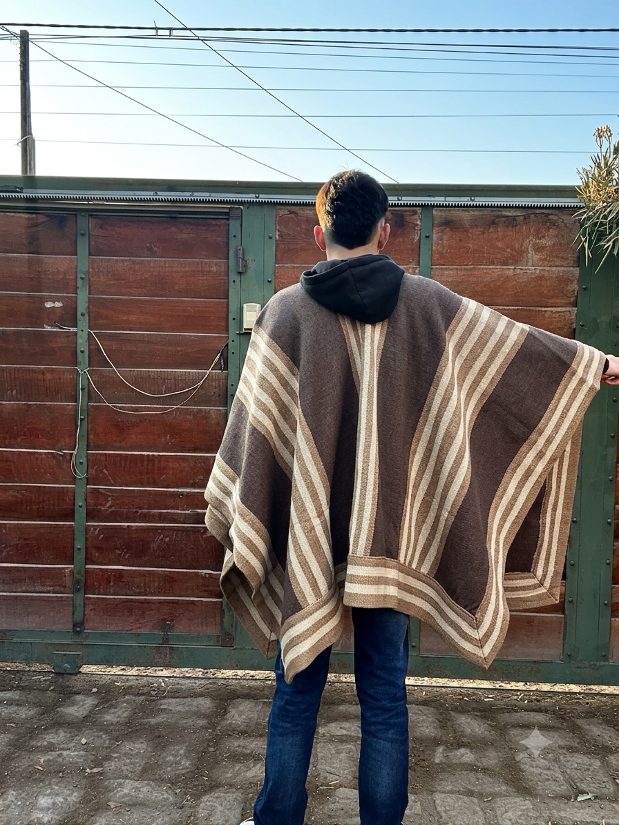 Poncho de Huaso Enguinchado Café con Franjas Beige